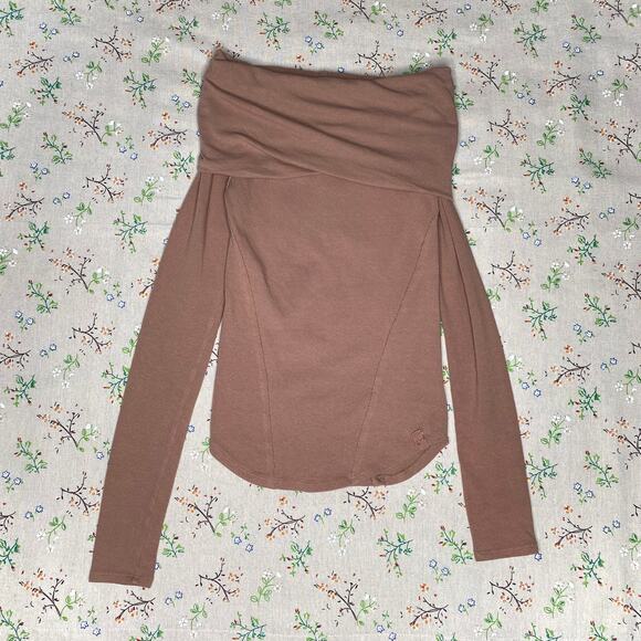 Free People Iris Off Shoulder Layering Top Cotton Jersey Long Sleeve Brown Sz XS - Picture 2 of 8